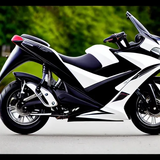 Prompt: photo of tuned black and white pearlescent yamaha aerox 7 5 ccm, race style, custom scooter, dslr, 8 5 mm, f / 1. 3