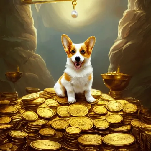 Prompt: adorable corgi puppy on a massive pile of golden treasure and coins and gems, extremely detailed digital illustration, hyperrealistic, fantasy, lord of the rings, greg rutkowski, artgerm, ruan jia, trending on artstation