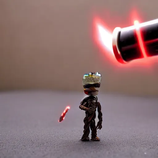 Image similar to baby groot fighting darth vader with a lightsaber, macro lens, low angle