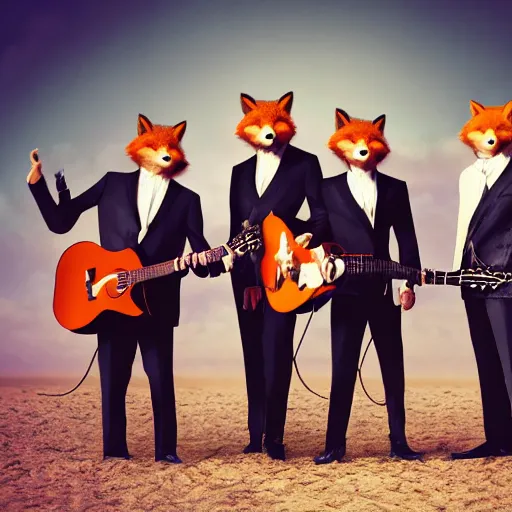 Image similar to photorealistic music album cover, with foxes animals dressed in suits, holding guitars, on a beach, all looking at camera, studio lighting, award winning photograph, 8 5 mm f / 1. 4