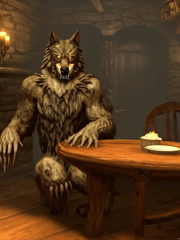 Image similar to cute handsome cuddly burly surly relaxed calm timid werewolf from van helsing sitting down at the breakfast table in the kitchen of a normal suburban home staring longingly at a delicious cupcake with orange frosting unreal engine hyperreallistic render 8k character concept art masterpiece screenshot from the video game the Elder Scrolls V: Skyrim