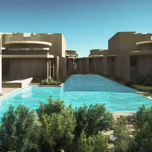 Image similar to architectural rendering of brutalism habitat 6 7 in the desert, biophilia style, pool, garden