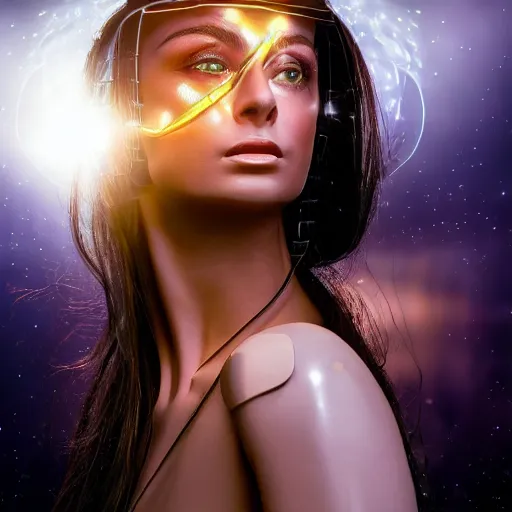 Prompt: beautiful centered Fine art photo portrait of young Carmen Electra daydreaming as a solarpunk robotic humanoid, white mechanical parts with led lights, photorealistic, white background, highly detailed and intricate, sunset lighting, HDR 8k