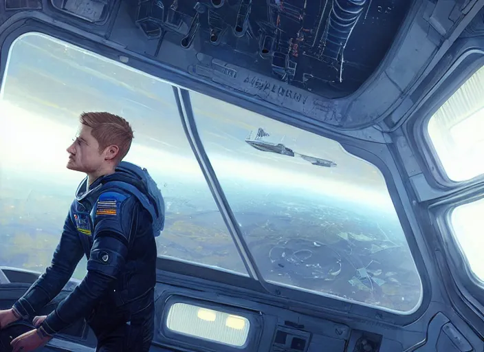 Image similar to highly detailed portrait of ben mckenzie in a space shuttle, in detroit : become human, stephen bliss, unreal engine, fantasy art by greg rutkowski, loish, rhads, ferdinand knab, makoto shinkai and lois van baarle, ilya kuvshinov, rossdraws, tom bagshaw, global illumination, radiant light, detailed and intricate environment