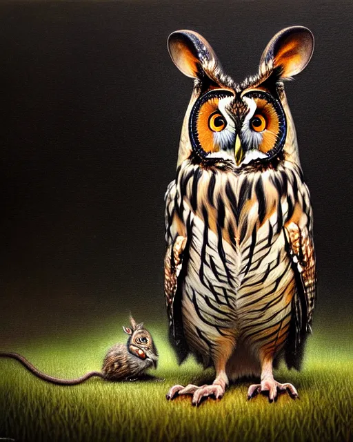 Prompt: an extremely detailed masterpiece painting of a long - eared owl on ground with mouse in it's claws, in the style of brian froud, brian despain, brian bolland, digital art, unreal engine, volumetric lighting, dark moody lighting, trending on artstation, photorealistic, epic scene