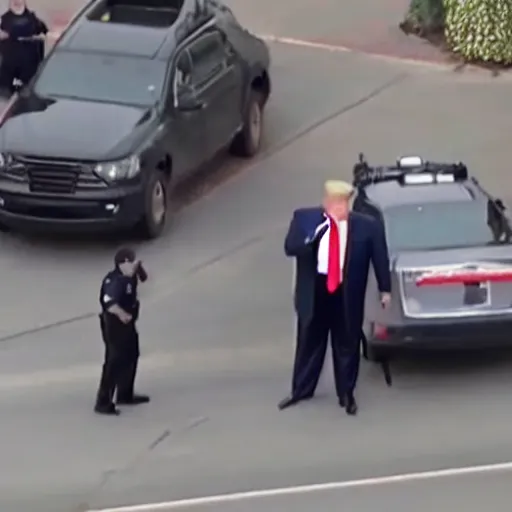 Image similar to Newscast still of Donald Trump being handcuffed and arrested and put into a cop car at mar-a-lago