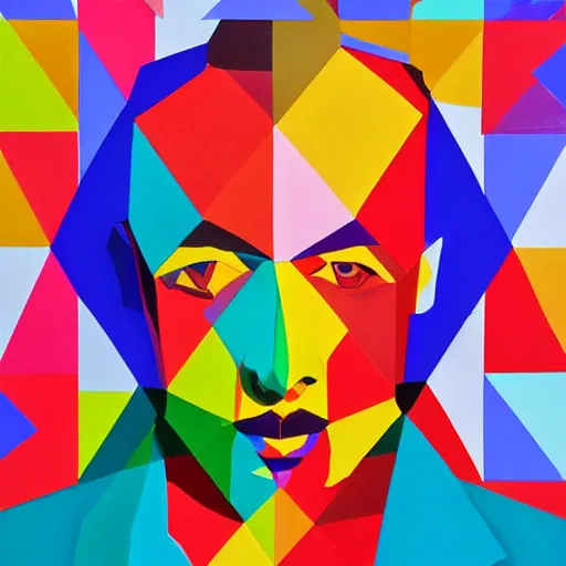 Image similar to a painting of a man's face made up of triangles, a pop art painting by Milton Glaser, featured on behance, crystal cubism, pop art, anaglyph effect, anaglyph filter