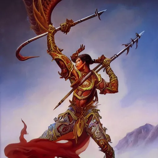 Prompt: A beautiful oil painting of Nezha with two fire wheels and a spear, fighting a Chinese dragon, by Boris Vallejo, epic fantasy character art, high fantasy, Exquisite detail, post-processing, low angle, masterpiece, cinematic