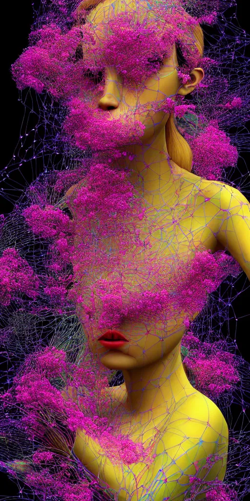 Image similar to hyper detailed 3d render like a Oil painting - Aurora (Singer) seen Eating of the Strangling network of yellowcake aerochrome and milky Fruit and Her delicate Hands hold of gossamer polyp blossoms bring iridescent fungal flowers whose spores black the foolish stars by Jacek Yerka, Mariusz Lewandowski, Houdini algorithmic generative render, Abstract brush strokes, Masterpiece, Edward Hopper and James Gilleard, Zdzislaw Beksinski, Mark Ryden, Wolfgang Lettl, hints of Yayoi Kasuma, octane render, 8k