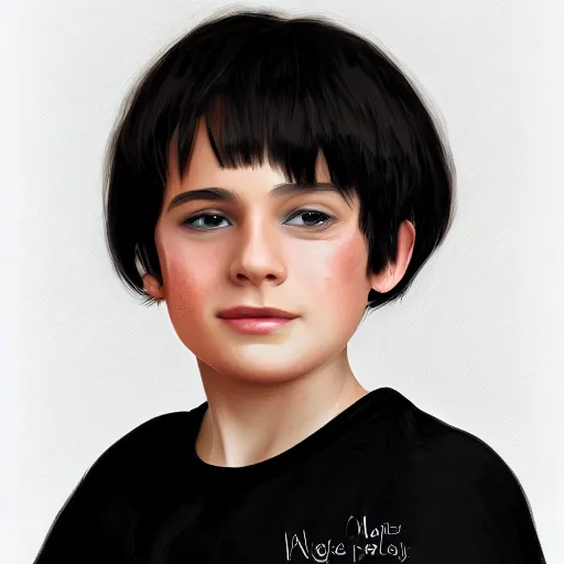 Prompt: a digital portrait of a 11 year old with black hair,hazel green eyes, drawn in the style of mark Arian