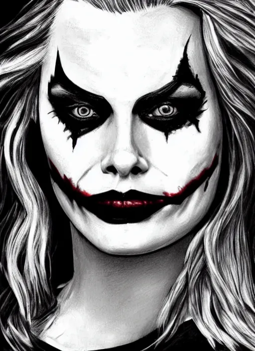 Image similar to a drawing of margot robbie with joker makeup, ace card, realistic face, black and white, hyper realistic, highly detailed