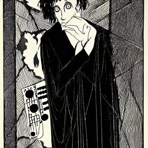 Image similar to the somnambulist from the cabinet of dr. caligari playing a large moog modular synthesizer, handsome portrait style of aubrey beardsley