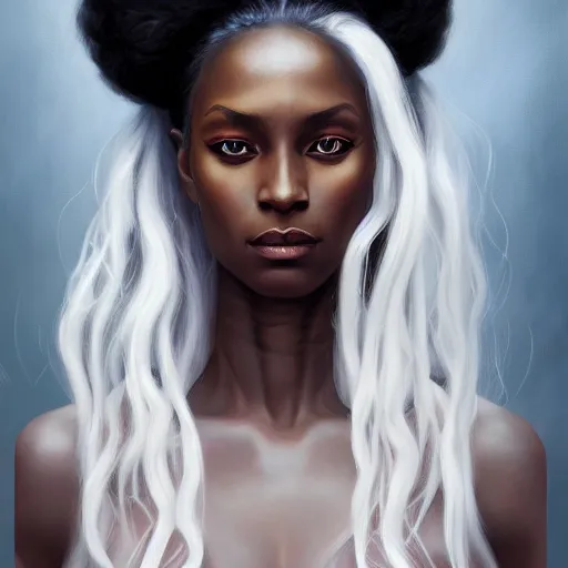 Prompt: a detailed matte oil on canvas head on symmetrical portrait of black skinned woman with long white hair, clothed by charlie bowater, lise deharme, wlop, trending on artstationhd, dungeons and dragons art critical role