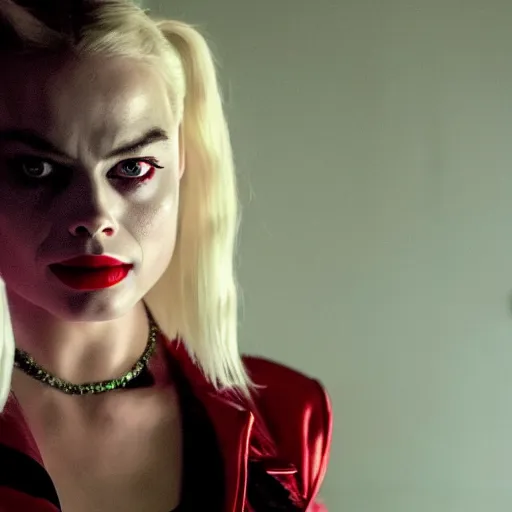 Image similar to Margot Robbie as real-life Harley Quinn, cinematic, Wide-shot, atmospheric lighting, directed by Ti West, extreme detail, 8K, movie still
