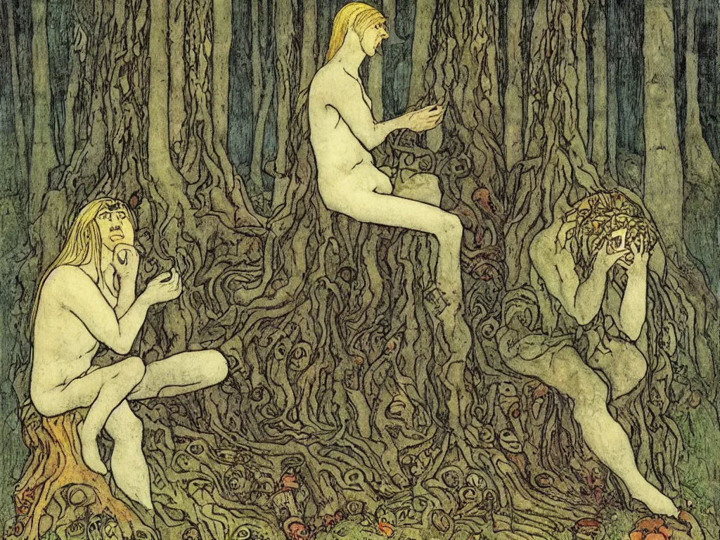 Image similar to a sad demon dressed like a harlequin, sitting in the forest on a tree stump and crying and sobbing. by Ivan bilibin and john bauer