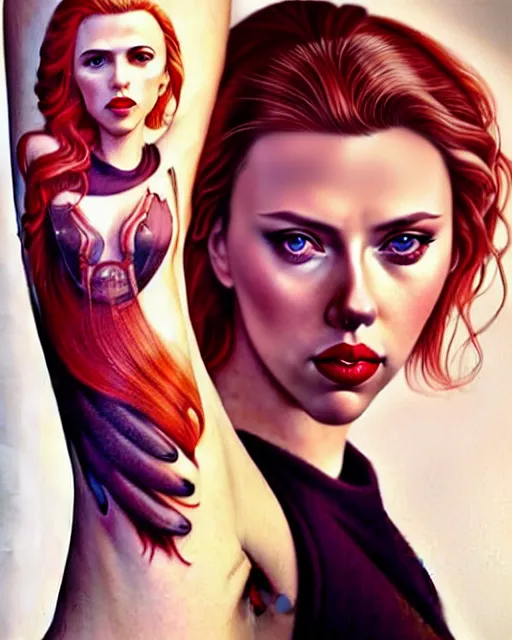 Image similar to full body gorgeous Scarlett Johansson, realistic character concept, arm tattoo sleeves, full body pose, autumn, makeup, shorter neck, illustration, symmetrical eyes and body, cinematic lighting, detailed realistic symmetrical eyes, artgerm, Joshua Middleton, single face, insanely detailed and intricate, beautiful