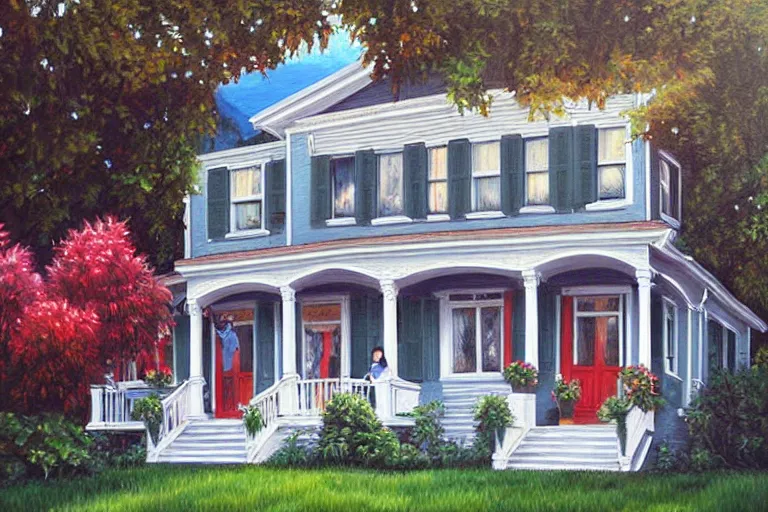 Image similar to painting of a famaly photo in front of the house, fine details, magali villeneuve, artgerm, rutkowski