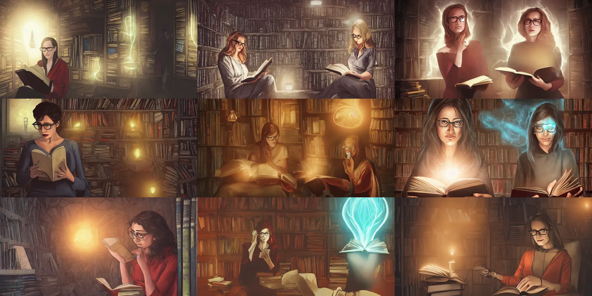 Prompt: a woman with glasses reads a demonic glowing book in a creepy library, comic book cover, 8 k, soft lighting, digital painting, cinematic