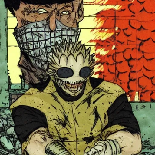 Prompt: en from dorohedoro eating a mushroom