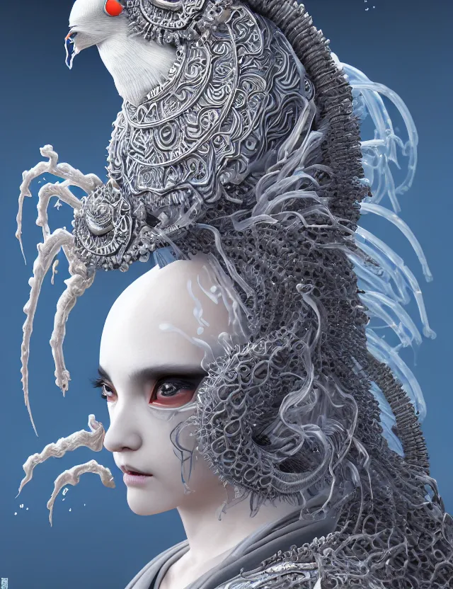 Image similar to 3 d goddess close - up profile portrait of cultist monk in hooded robe with ram skull. beautiful intricately detailed japanese crow kitsune mask and clasical japanese kimono. betta fish, jellyfish phoenix, bio luminescent, plasma, ice, water, wind, creature, artwork by tooth wu and wlop and beeple and greg rutkowski