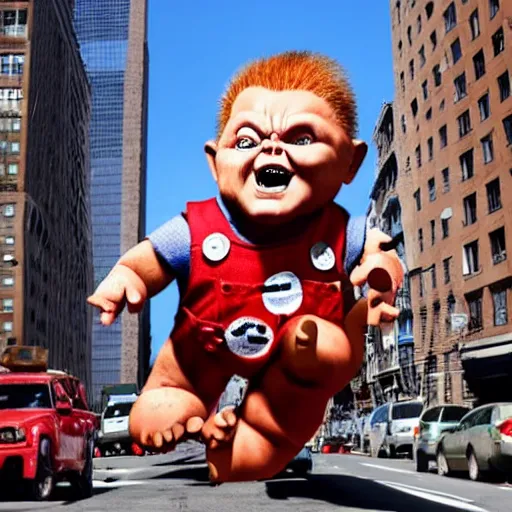 Image similar to giant chucky doll attacking new york city and causing destruction, people running in terror