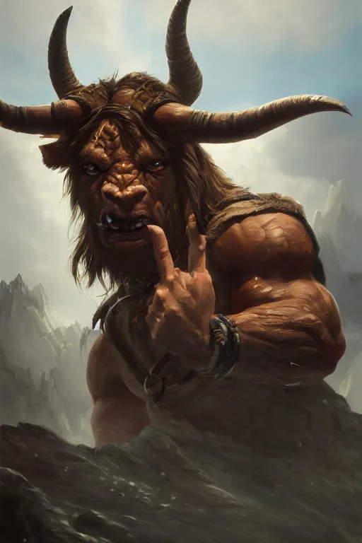 Prompt: dungeons and dragons minotaur character closeup portrait, dramatic light, lake background, 2 0 0 mm focal length, painted by stanley lau, painted by greg rutkowski, painted by stanley artgerm, digital art, trending on artstation