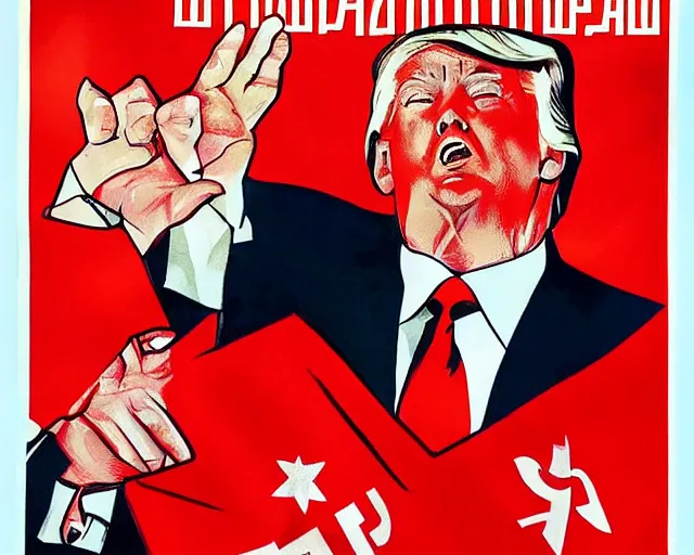 Prompt: Donald Trump waving the soviet flag on a communist propaganda poster, highly detailed soviet art