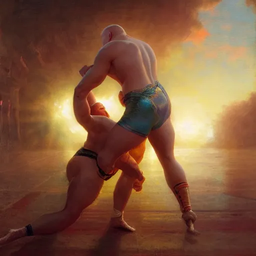 Image similar to bald wrestler breaking blonde wrestler's back, radiant light, caustics, heroic, bright iridescent light, by gaston bussiere, bayard wu, greg rutkowski, maxim verehin, epic wrestling combat, legendary