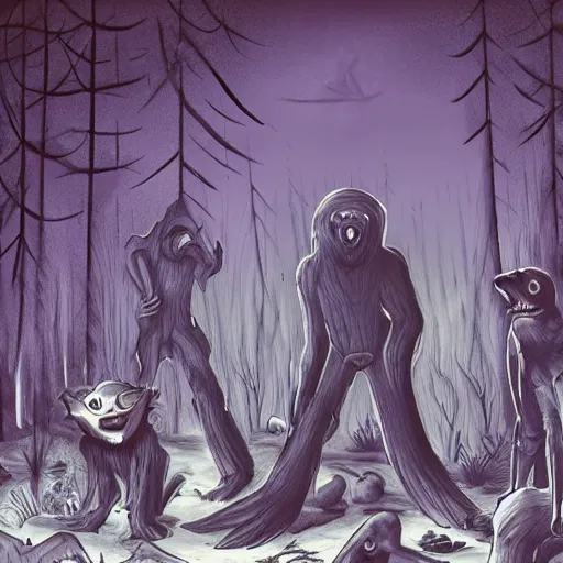 Image similar to Gathering of cryptids in a forest at night while Alex Jones spies on them, bonfire, creepy, shadows, creatures, cryptids, trending on artstation, featured on behance