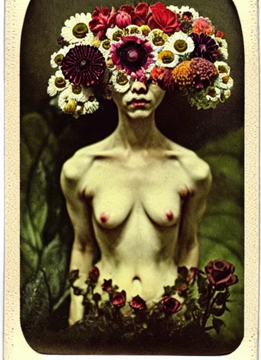 Image similar to beautiful and detailed rotten woman made of plants and many types of stylized flowers like carnation, daisy, chrysanthemum, anemone, roses and tulips, intricate, surreal, john constable, gustave courbet, caravaggio, romero ressendi, bruno walpoth 1 9 1 0 polaroid photo