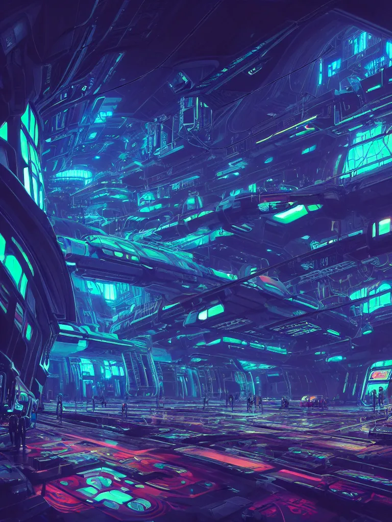 Image similar to the interior of a celestial spaceship cyberpunk hangar in a bioluminescent walls decorated beautifully, lots of cyberpunk design elements like humanoids and mecha robots, warm sunlight shining in, lots of cables and neon signs, concept art 8 k resolution, fantasy illustration, sharp focus, detailed painting, deep color, volumetric lighting, crepuscular rays