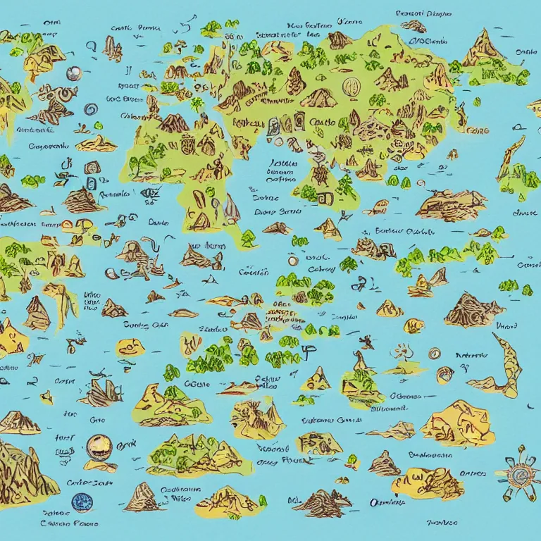 Prompt: imaginary map of a fantacy world, different realms, blueprint, infographic, on paper, natural colors, with notes, highly detailed