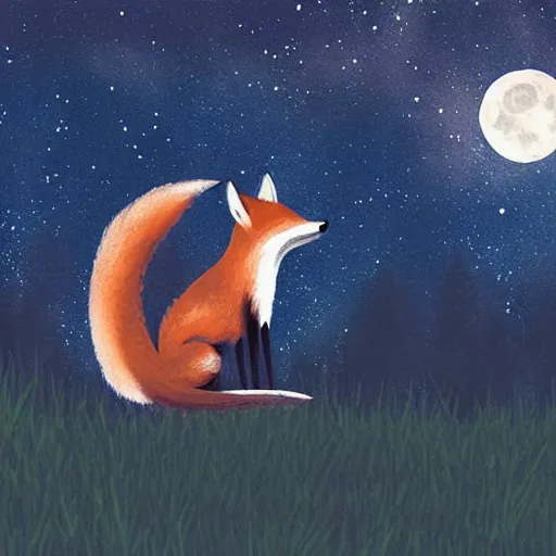 Image similar to “a fox sitting in the woods, looking up at the night sky. The moon shines brightly. digital art, painting, highly detailed”