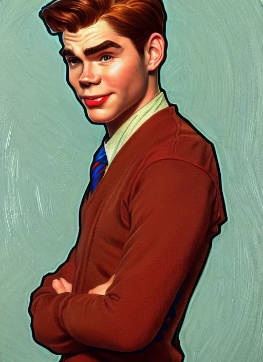 Prompt: oil portrait of archie andrews, intricate, elegant, highly detailed, lighting, painting, artstation, smooth, illustration, art by greg rutowski and alphonse mucha
