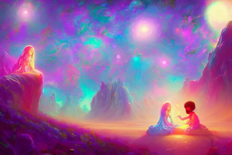 Image similar to a psychedelic realm made entirely out of love and acceptance | astral beings sharing love!!!! | in the style of greg rutkowski! | and wlop | and lisa frank! | and bob ross!!! | and ruan jia | illustration | epic | fantasy | hyper detailed | smooth | unreal engine | sharp focus | ray tracing