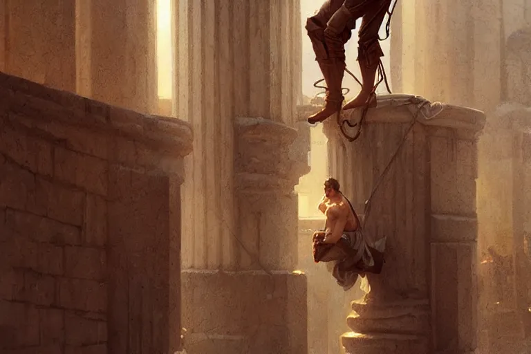 Image similar to a man tied to a pillar by jack russel terrier, highly detailed, hyperrealistic digital painting, artstation, concept art, smooth, sharp focus, illustration, cinematic lighting, art by artgerm and greg rutkowski and alphonse mucha