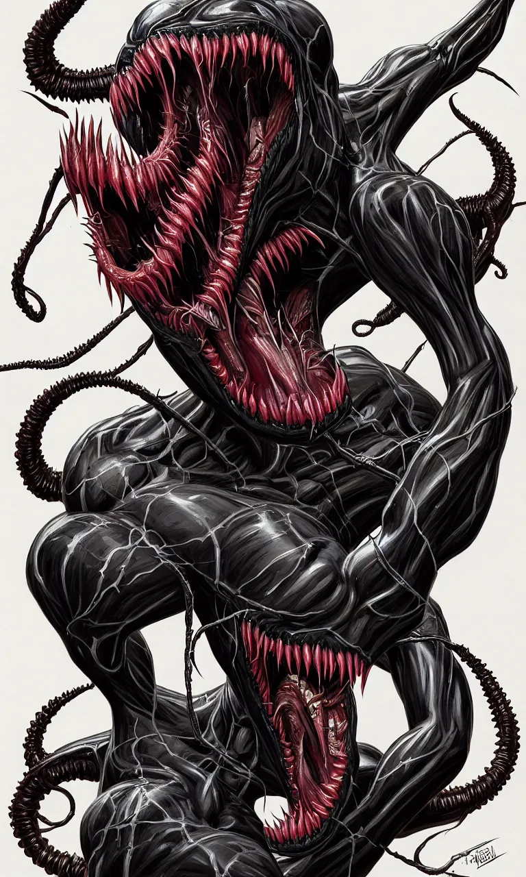 Image similar to hyper realistyc anatomically acurate full body long shot venom from marvel comics!!!!, large mouth with teeth, lovecraftian horror, fantasy, intricate, elegant, highly detailed, digital painting, artstation, concept art, matte, sharp focus, illustration, art by glenn fabry