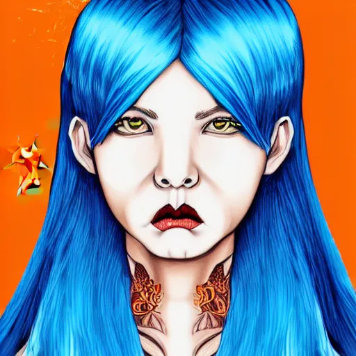 Image similar to illustrated portrait of ram-horned orange-skinned skin FFA500 devil woman with blue hair cut in a bob by rossdraws