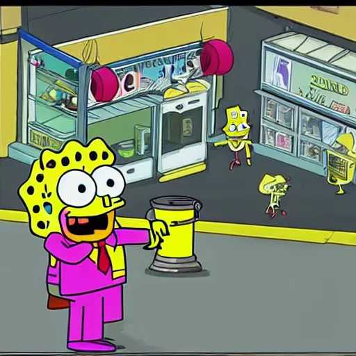 Prompt: cctv footage recorded last night of spongebob squarepants robbing a store