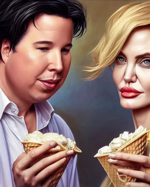 Image similar to Portrait of Michael Mcintyre & blonde Angelina Jolie eating ice creams in Porto,real life skin, intricate, elegant, highly detailed, artstation, concept art, smooth, sharp focus, art by artgerm and greg rutkowski and alphonse mucha