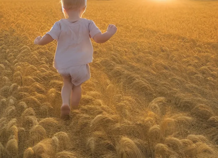 Prompt: a blond toddler seen from the back, running in a wheat field in the warm sunset light, beautifully lit, grainy art photograph