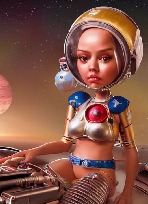 Image similar to highly detailed closeup, portrait of a tin toy bikini spacegirl in a spaceship on mars, unreal engine, nicoletta ceccoli, mark ryden, earl norem, lostfish, global illumination, detailed and intricate environment