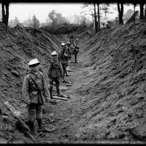 Image similar to stranger things , ww1 trench, war photo, film grain