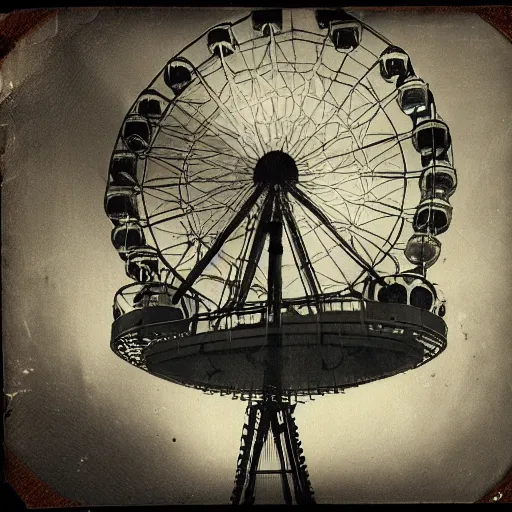 Prompt: tintype photo, Ferris wheel, a squid, underwater, jellyfish