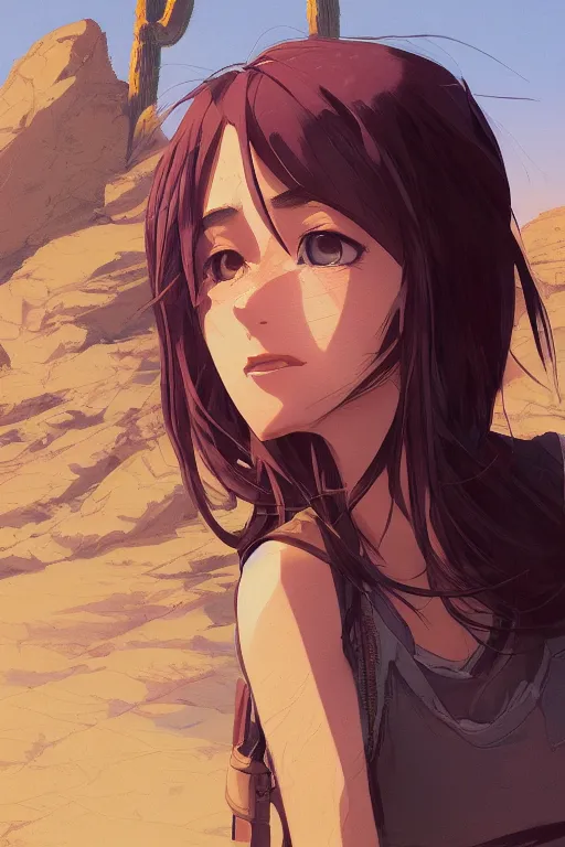 Image similar to a girl hiking in the desert, mid shot, fine - face, realistic shaded perfect anatomy, fine details. night setting. very anime style. realistic shaded lighting poster by ilya kuvshinov katsuhiro, magali villeneuve, artgerm, jeremy lipkin and michael garmash, rob rey and kentaro miura style, trending on art station