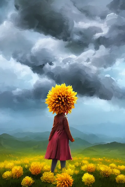 Prompt: closeup girl with huge yellow dahlia flower face, standing on mountain, surreal photography, blue storm clouds, dramatic light, impressionist painting, digital painting, artstation, simon stalenhag