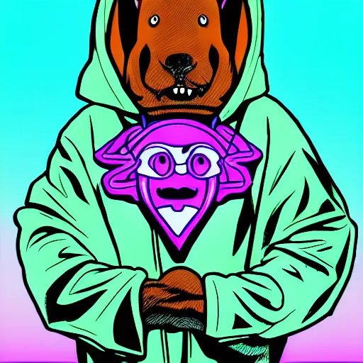 Prompt: scooby doo in hoodie, portrait, vaporwave, synthwave, neon, vector graphics, cinematic, volumetric lighting, f 8 aperture, cinematic eastman 5 3 8 4 film