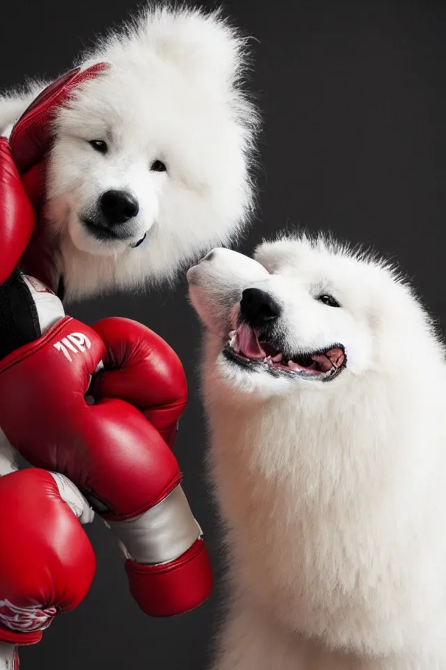 Image similar to samoyed dog head on a human body as a muay thai kickboxer, gloves on hands, cinematic