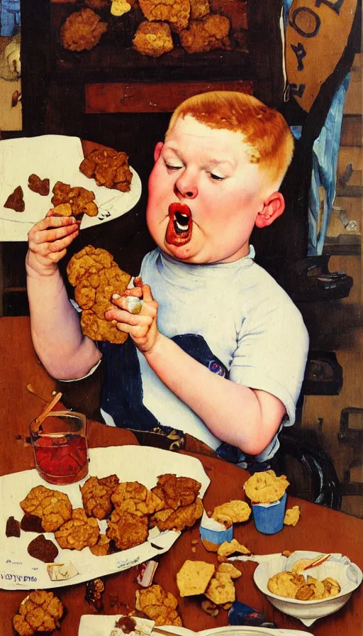 Prompt: painting of a stoned ginger hair chubby boy eating a delicious cholocate chunks cookies, buzz cut, america, norman rockwell