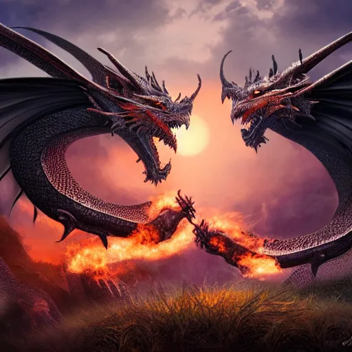 Image similar to Two dragons intertwined with one another breathing fire, masterpiece, 4k render, sunset, forest, incredible detail, cloudy, beautiful
